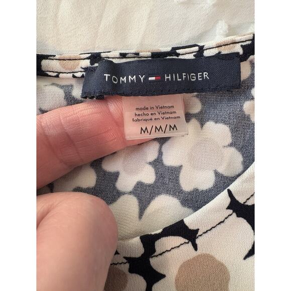 Tommy Hilfiger Navy Tan White Daisy Floral Ruffle Sleeve Cottagecore Top M - Picture 2 of 7